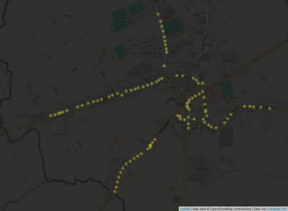 map of street lights in Clones, Co. Monaghan