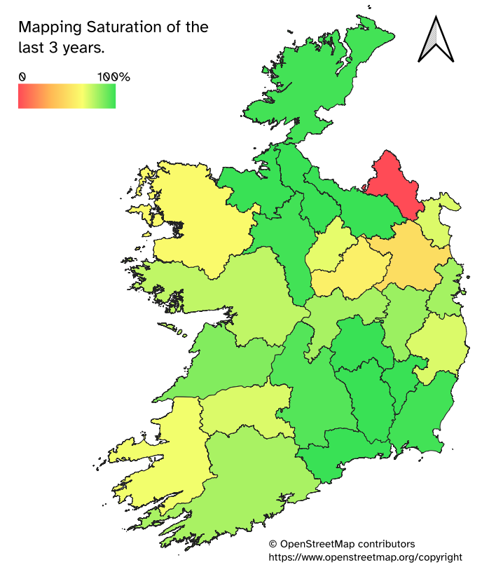 Map of the Republic of Ireland showing the mapping saturation in regards to buildings